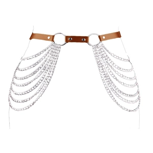 Detail of brown PU leather body chain with silver multilayer tassels and metal studs