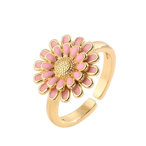 Adjustable golden open ring featuring a pink enamel flower design on a white background