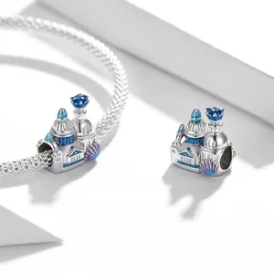 925 sterling silver dream castle charm with blue enamel details for charm bracelets