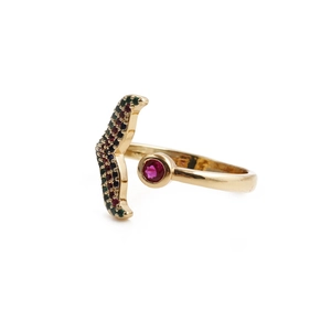 Adjustable golden fishtail ring with micro-paved multicolor zircon and red gemstone