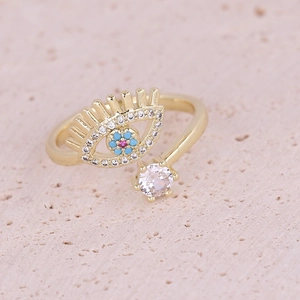 Adjustable gold evil eye ring with white zircon pave and colorful heart crystal stones