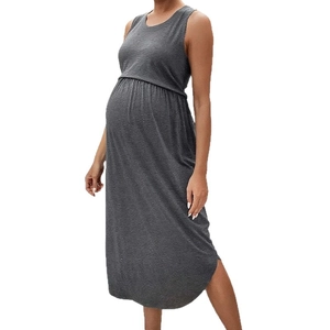 Sleeveless slim fit dark grey maternity midi dress with crew neck for daily wear