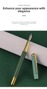 Detailed close-up of dark green Morandi business pen with gold clip and metal nib