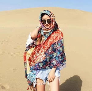 Bohemian colorful floral print scarf with white tassels for beach sun protection