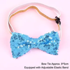 Blue sequined pet bow tie measuring 9x5cm with an adjustable elastic strap for comfort