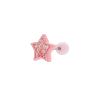 Macro shot of a pink glitter star stud earring with a metal post and matching ball back
