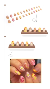 Detail of round press-on nails featuring yellow flowers, smiles and checkered patterns