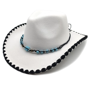 Western Cowboy Hat Felt Cotton Polyester Wide Brim Whipstitch Edge Turquoise Beads Ethnic Style Retro Fedora Men Women