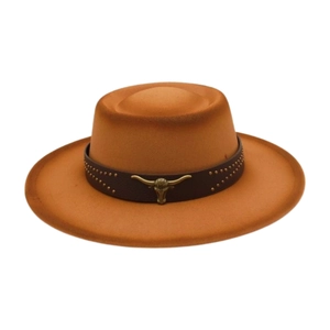 Chapeau fedora en laine orange de style western avec boucle tête de taureau et rivets
