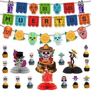 Dia de los Muertos party kit with festive banners, skull centerpieces and cake toppers