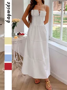 Women Cami Midi Dress Polyester Viscose Tiered Cake Skirt Smocked Back Lace Trim Square Neck Summer Vacation Elegant