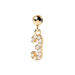 Macro detail of number 3 pendant in gold finish with sparkling white zircon stones