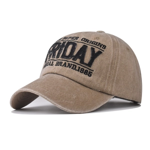Detail showing vintage washed brown cotton texture and black Friday embroidery on the cap