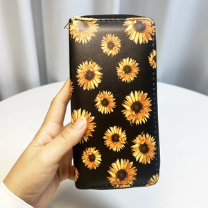 Long black PU leather zipper wallet featuring a vibrant sunflower floral print