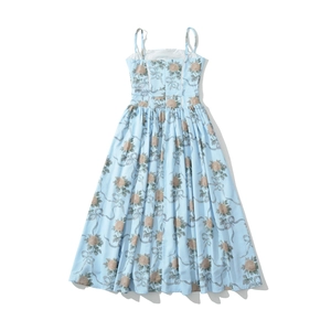 Abito midi azzurro a trapezio con stampa floreale rosa e inserti in pizzo eleganti
