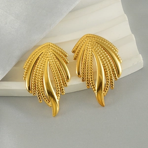 Detailed close-up of 18k gold plated stainless steel feather earrings with woven texture