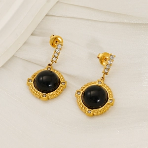 Boucles d'oreilles vintage françaises en acier doré 18k avec obsidienne et petits diamants