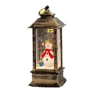 Bronze Christmas lantern decoration with snowman, snow globe effect and LED light