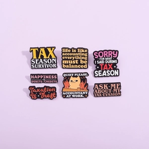 7-piece accountant enamel pin set with humorous tax season sayings on purple background