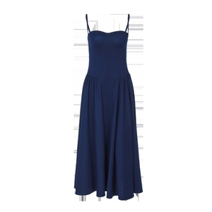 Detailed view of dark blue backless cami dress with slim waist and flowing maxi skirt