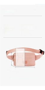 Pink waterproof nylon waist bag size chart showing dimensions 21x14x6cm and strap detail