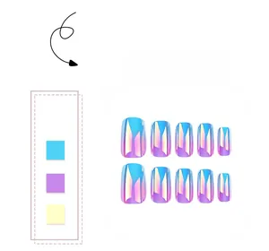 Close-up of short square-oval press-on nails with blue and purple iridescent gradient