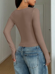 Slim fit Y2K style long sleeve top in brown fabric, back view shown on model