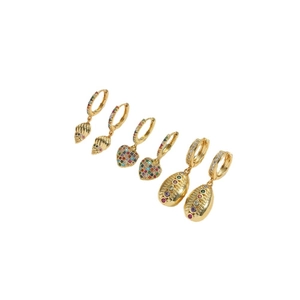 Three pairs of vintage gold bow earrings with colorful zircon and shell pendants