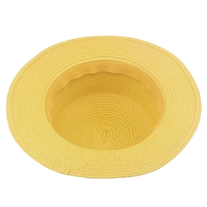 Detailed interior of yellow woven straw hat featuring inner sweatband and breathable texture
