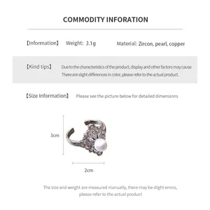 Detailed size chart showing 3.1g zircon and pearl flower ring with 3cm height dimensions