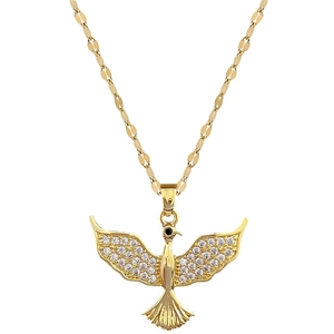 Luxurious gold-plated titanium bird necklace with sparkling crystals and a flat link chain