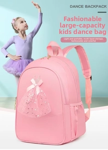 Close-up of pink ballet dance backpack featuring sequin tutu and satin bow detail