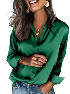 Elegant emerald green satin long sleeve shirt with classic button-down collar for women