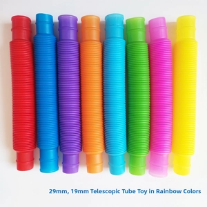 Rainbow pop tubes in 29mm and 19mm sizes showing vibrant colorful sensory plastic pipes