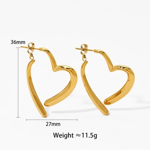Gold plated stainless steel heart hoop earrings with size 36mm by 27mm and weight specs