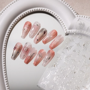 3D star and butterfly embossed nail stickers with gradient pink press-on nails set