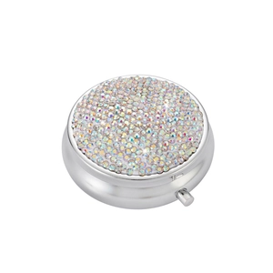 Rhinestone Sparkling Portable Round Pill Box Metal Plastic Travel Medicine Case Mirror Compartments Organizer