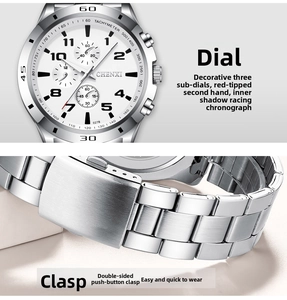 Détail macro de la montre CHENXI en argent avec tachymètre et fermoir déployant
