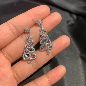 Christmas tree drop earrings with colorful zircons and silver star studs for women