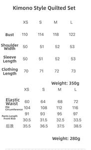 Size chart detail for casual quilted kimono set featuring jacket and pants measurements