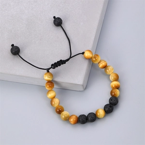 8mm Tiger Eye and Lava Stone beaded bracelet with adjustable black braided cord