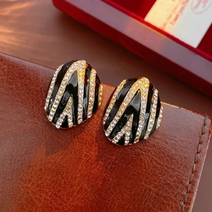 Vintage Oval Stud Earrings Alloy Enamel Zebra Pattern Rhinestones With Silver Earring Post Retro Luxury Jewelry For Women