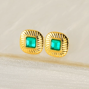 Vintage gold square stud earrings with sunburst texture and green zircon stone