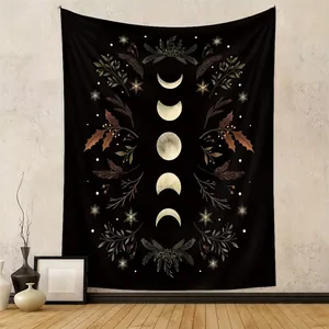 Moon Phase Wall Tapestry Mystical Botanical Hanging Fabric Polyester Bohemian Decor For Bedroom Living Room
