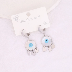 Bohemian silver stainless steel evil eye earrings with long fringe geometric pendants