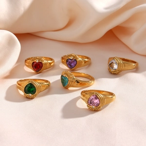 Set of 18K gold plated stainless steel rings with colorful heart zircon stones
