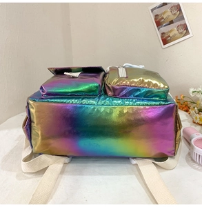 Detail of holographic laser backpack with shiny gradient finish and dual front pockets