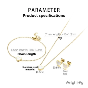 Detailed size parameters of heart shell jewelry set made of gold stainless steel
