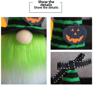 Macro shot showing green fur beard, pumpkin patch and striped knit hat details
