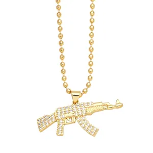 Punk hip hop gold plated AK-47 submachine gun pendant necklace with sparkling crystals
